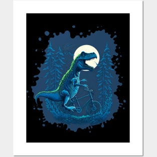 Dinosaur lover cyclist under the moon in forest Posters and Art